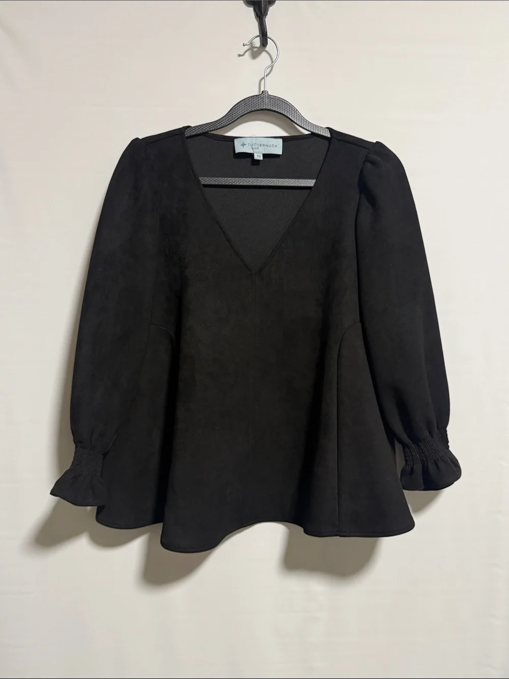 Tuckernuck Black Faux Suede V-Neck Peplum Puff Sleeve Top XS Smocked Cuffs